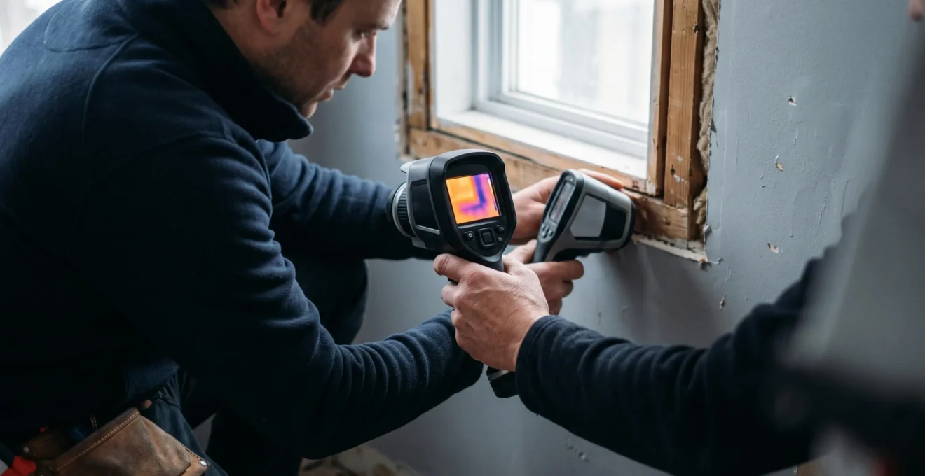 Un poseur accroupi analyse une ouverture de fenêtre avec une caméra thermique à l'intérieur d'une maison, avant la pose.
