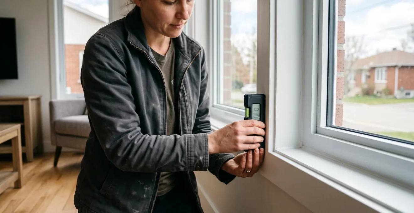 Un installateur vérifie le niveau d'une fenêtre finie avec un niveau numérique à l'intérieur d'une maison aux finitions complétées.