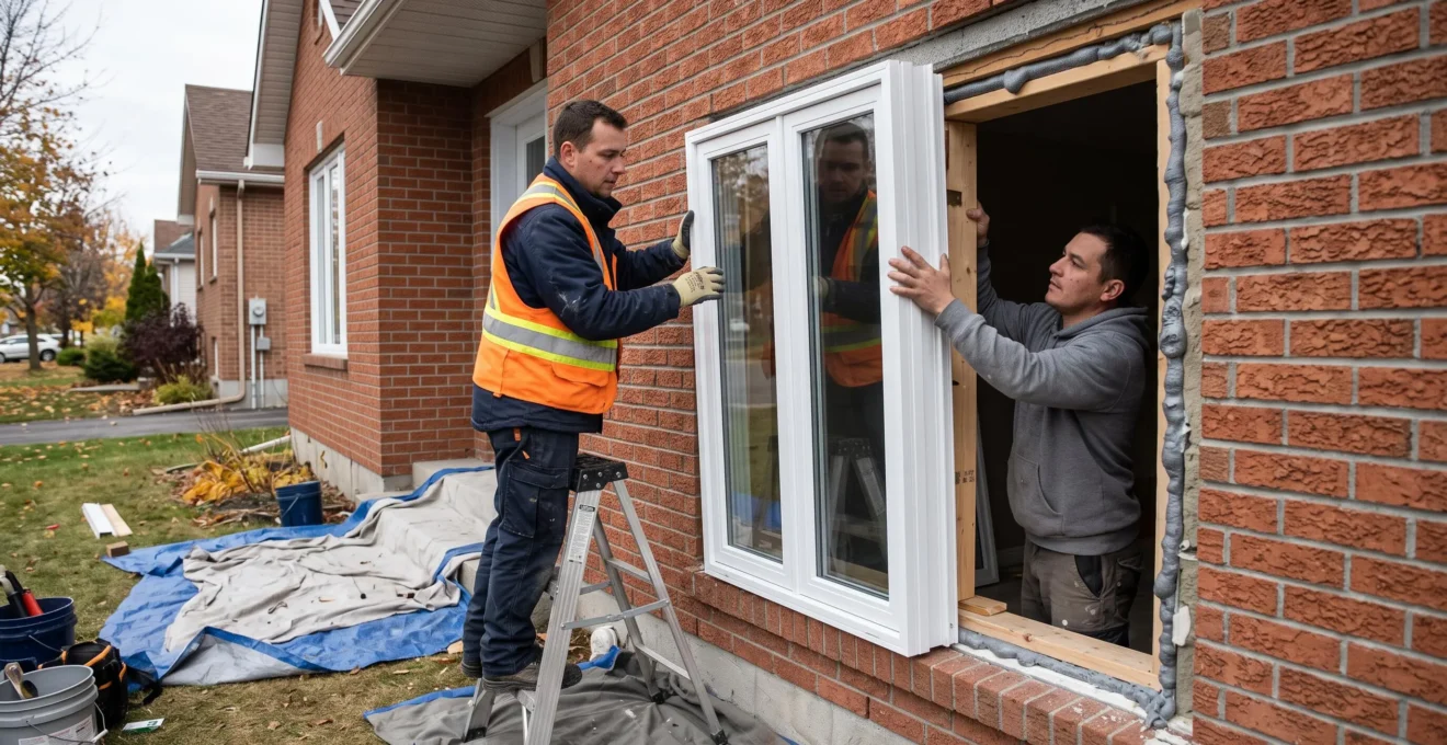 Deux poseurs installent une grande fenêtre blanche dans le mur de briques d'une maison résidentielle, avec calage et scellant visibles autour de l'ouverture.