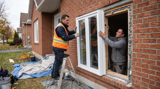 Deux poseurs installent une grande fenêtre blanche dans le mur de briques d'une maison résidentielle, avec calage et scellant visibles autour de l'ouverture.